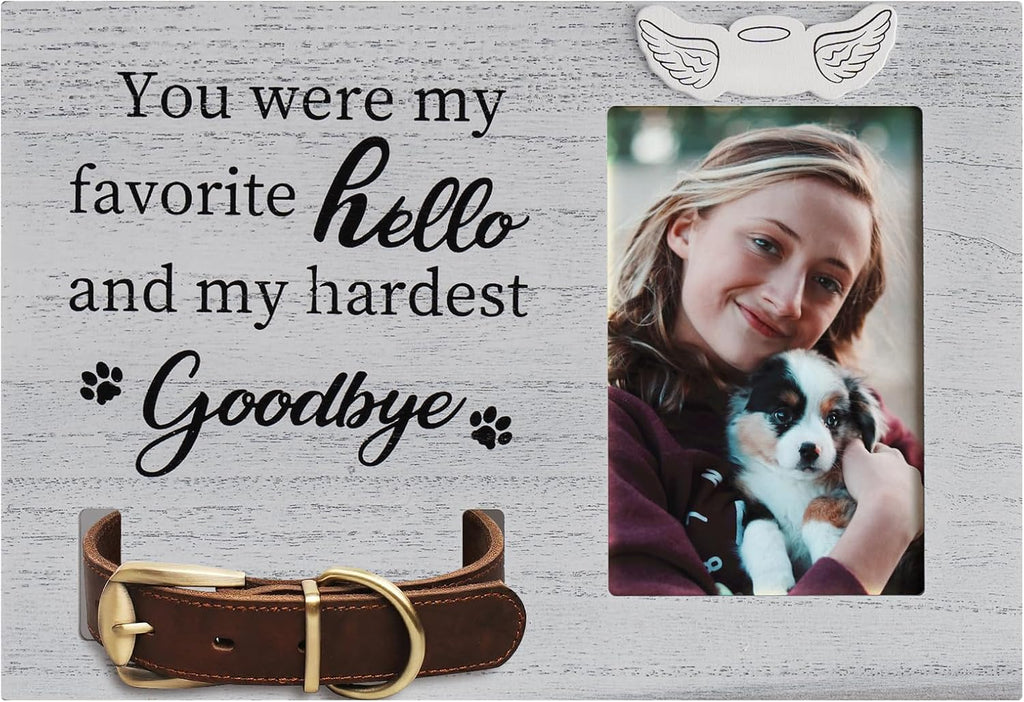 Pet Memorial Picture Frame for Loss of Pet Sympathy Keepsake Pet Collar Keepsake Wood Frame for The Dog, Light Grey Pet Remembrance Gift, Dog Picture Frame for Table, 4" x 6" Photo Insert