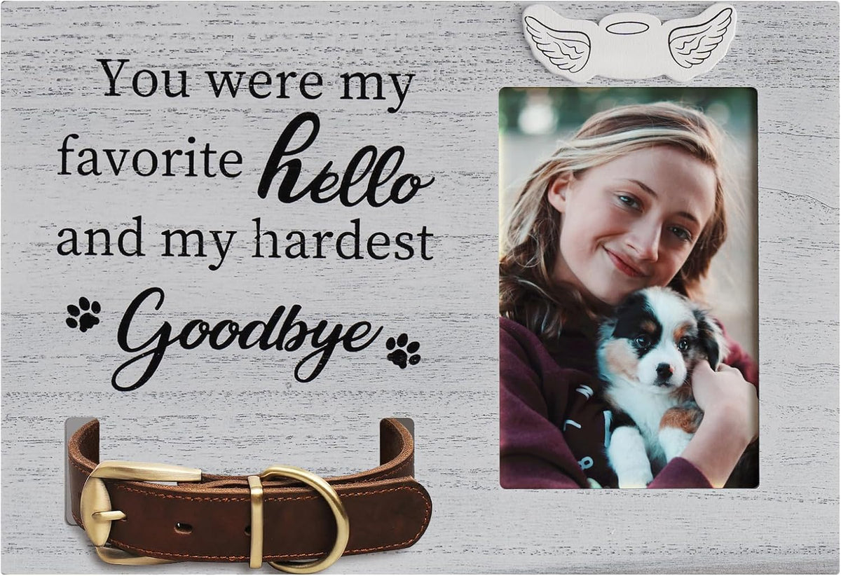 Pet Memorial Picture Frame for Loss of Pet Sympathy Keepsake Pet Collar Keepsake Wood Frame for The Dog, Light Grey Pet Remembrance Gift, Dog Picture Frame for Table, 4" x 6" Photo Insert