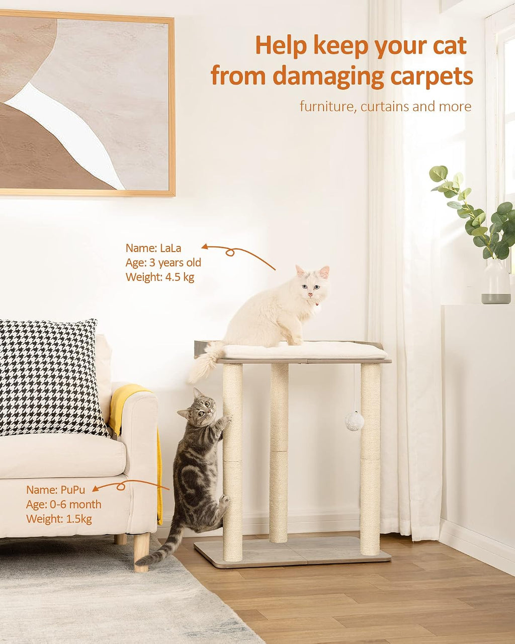 FourFurPets Modern Cat Tree for Large Cats, Full Sisal Cat Scratching Post