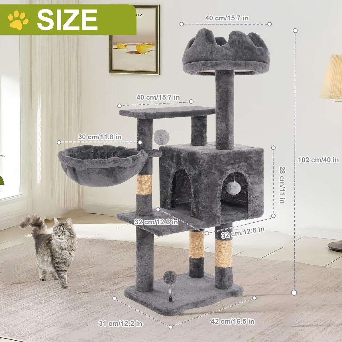 Cat Tree Tower with Hammock,40" Cat Trees for Indoor Cats Large Adult(Grey)