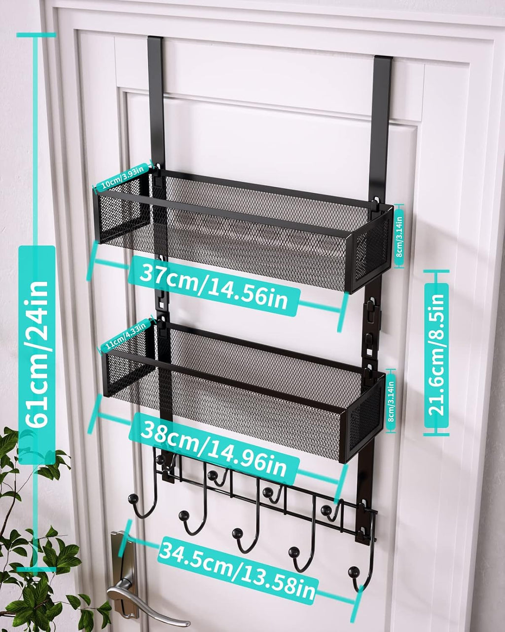 HapiRm Over the Door Hanger with Coat Hooks and 2 Baskets, Rustproof & Waterproof Over the Door Hooks, Storage Organizer for Hats, Bathroom, Kitchen, Bedroom, RV, Camper-Black (for 1.76in Doors)