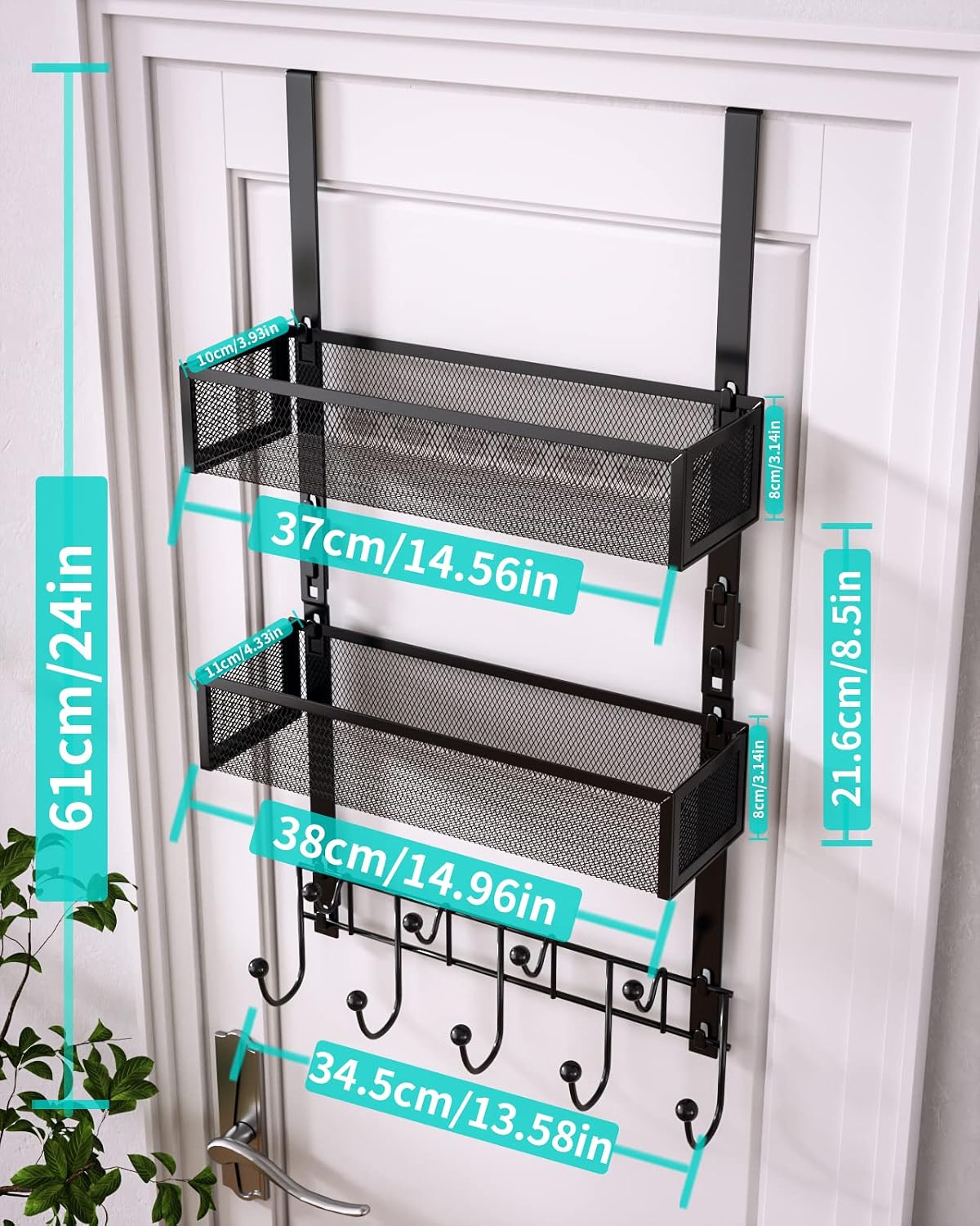 HapiRm Over the Door Hanger with Coat Hooks and 2 Baskets, Rustproof & Waterproof Over the Door Hooks, Storage Organizer for Hats, Bathroom, Kitchen, Bedroom, RV, Camper-Black (for 1.76in Doors)