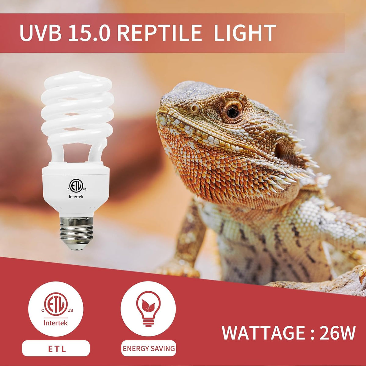 LUCKY HERP 26W UVB 15.0 Intense UVA UVB Compact Flouorescent Lamp Desert Terrarium Light Bulb for Reptile and Amphibian