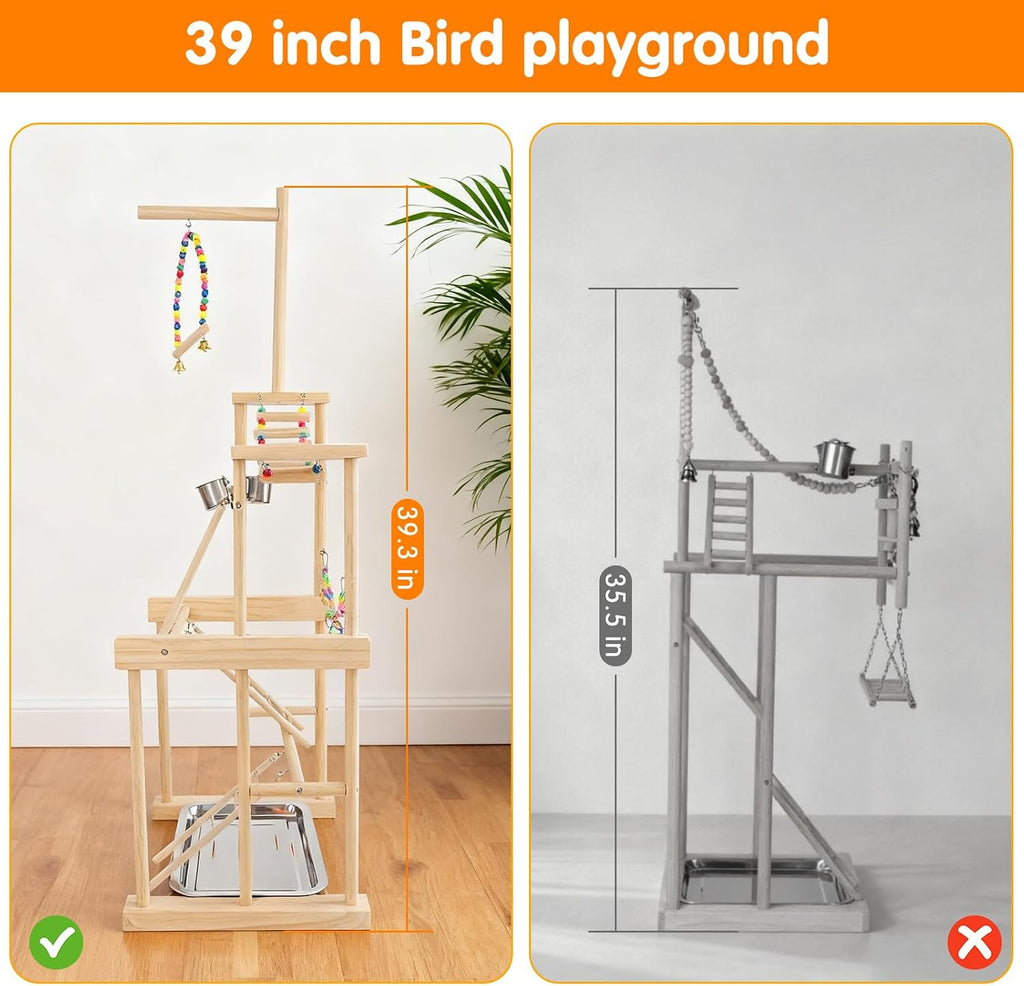 Bird Playground 4 Tier, Parrot Perch Stand Bird Play Stand with Feeder Cups, Ladder, Chain Toy, Swing and Detachable Tray, Parrot Playground for Parakeet Conure Cockatiel Lovebird Budgie