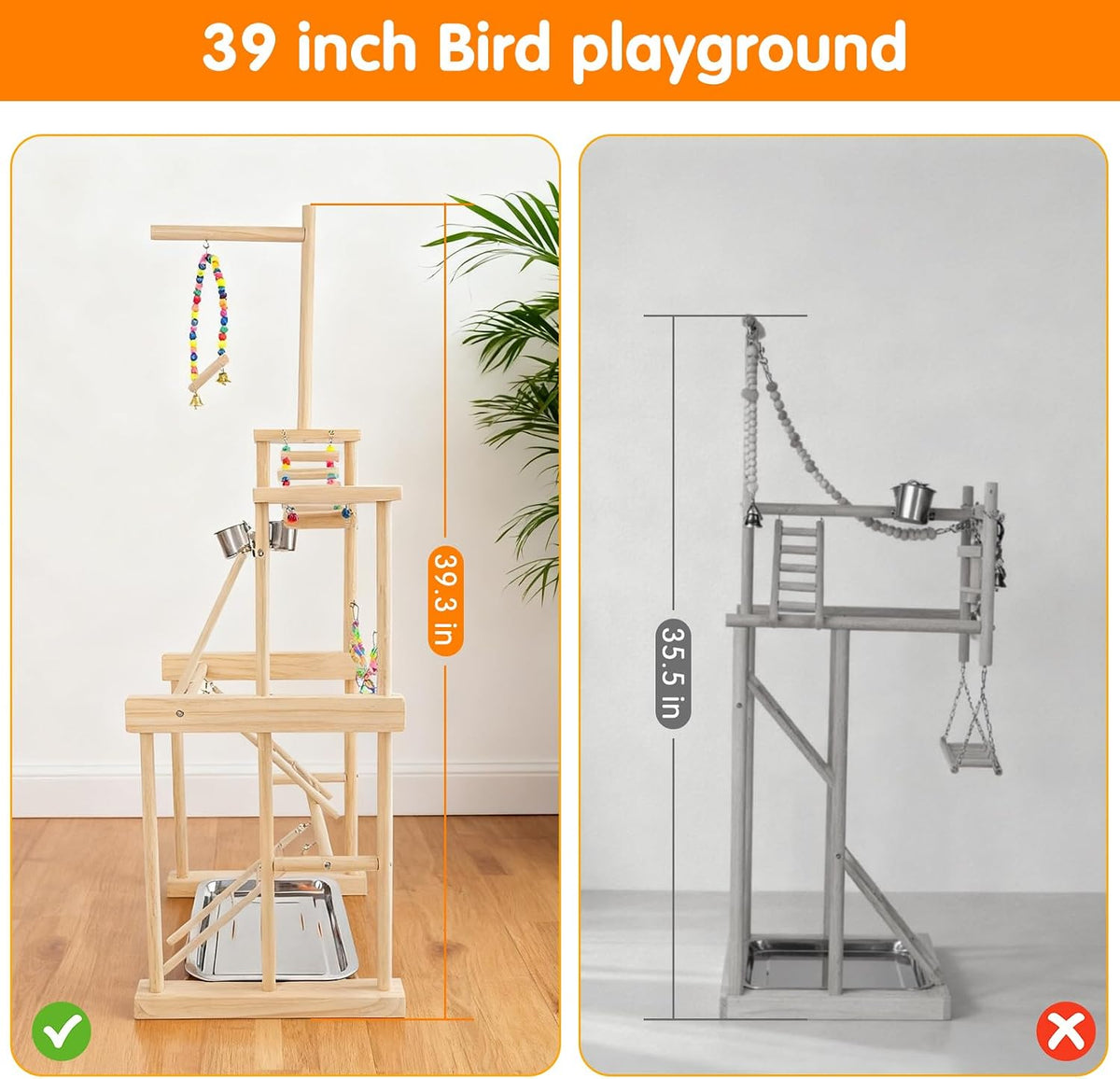 Bird Playground 4 Tier, Parrot Perch Stand Bird Play Stand with Feeder Cups, Ladder, Chain Toy, Swing and Detachable Tray, Parrot Playground for Parakeet Conure Cockatiel Lovebird Budgie