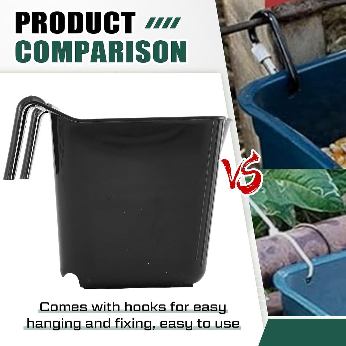 4 Pcs 15 Quart Plastic Hook Over Horse Feed Bucket for Stall Fence, Black