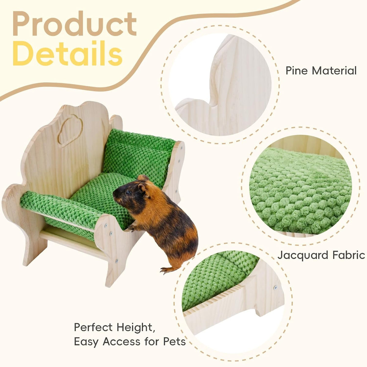 Guinea Pig Bed & Lizard Lounger Wooden Small Pet Sofa Couch with Soft Pineapple Fleece Cushion Pine Wood Bed for Guinea Pigs, Bearded Dragons, Hedgehogs, Hamsters