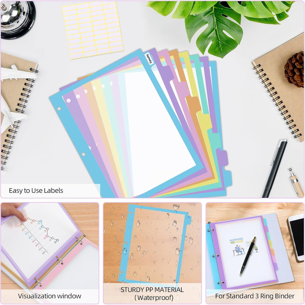 48Pcs/6 Set 8 Tab Dividers, Clear Plastic Binder Dividers with Tabs, for 3 Ring Binder, Letter Size, Multicolor