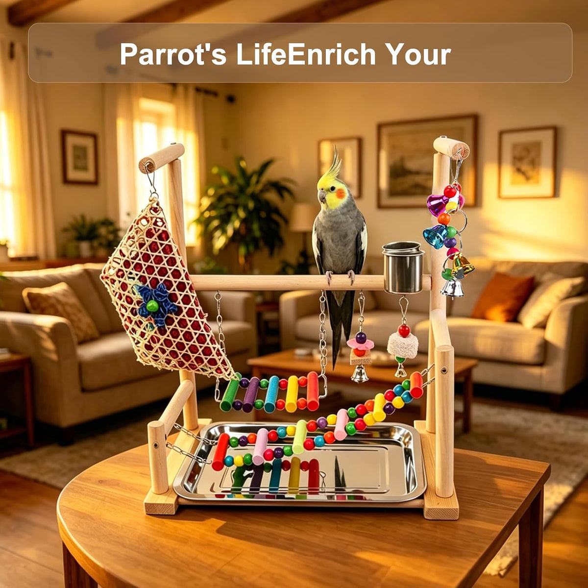 Parrot Playstand Bird Playground, Wooden Bird Perch Gym with Feeder Cups, Swing & Chew Toys, Bird Cage Accessories for Cockatiel Conure Parakeet Lovebird