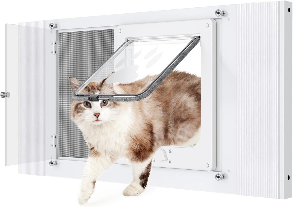 2-in-1 Cat Door for Window with Acrylic Panel, Rainproof & Ventilation Dual Modes, Adjustable Width of 28"-32" for Sliding Windows, Weather Resistant Window Cat Door Insert