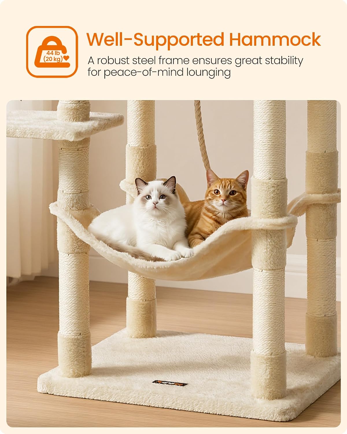 Feandrea Cat Tree, 55.8-Inch Large Cat Tower, Multi-Level Condo, Beige