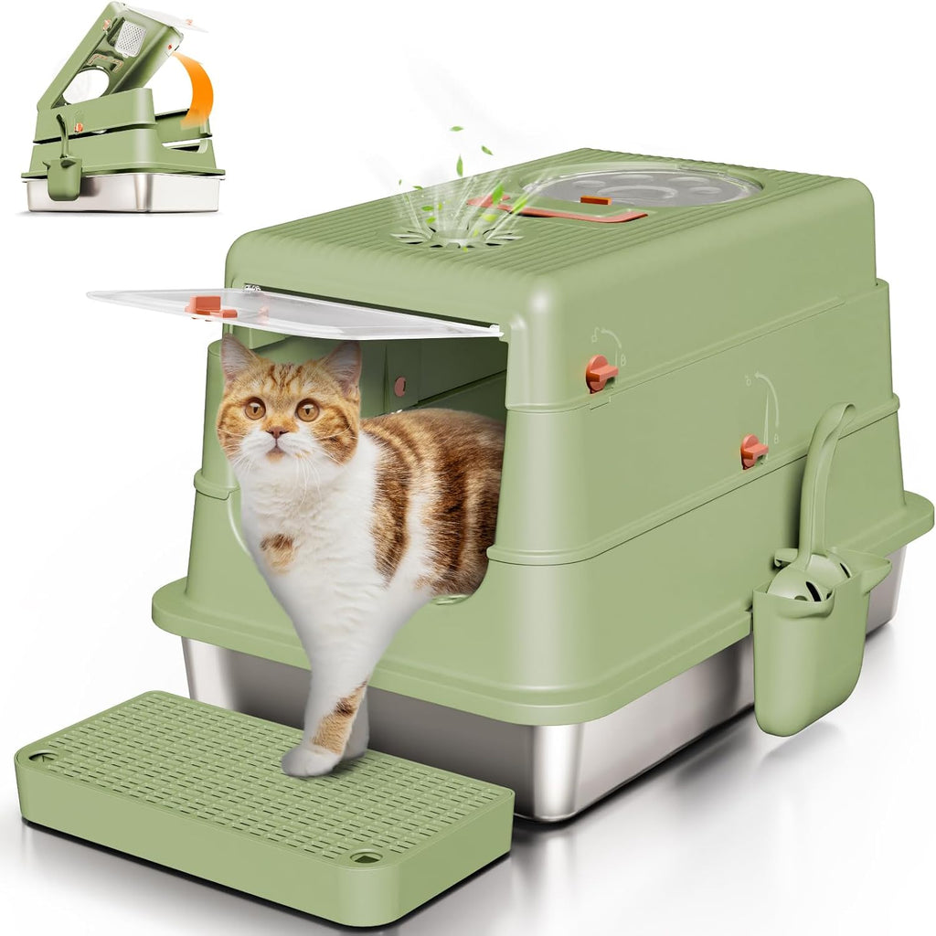 Stainless Steel Cat Litter Box with Lid, XL Large Enclosed, Green