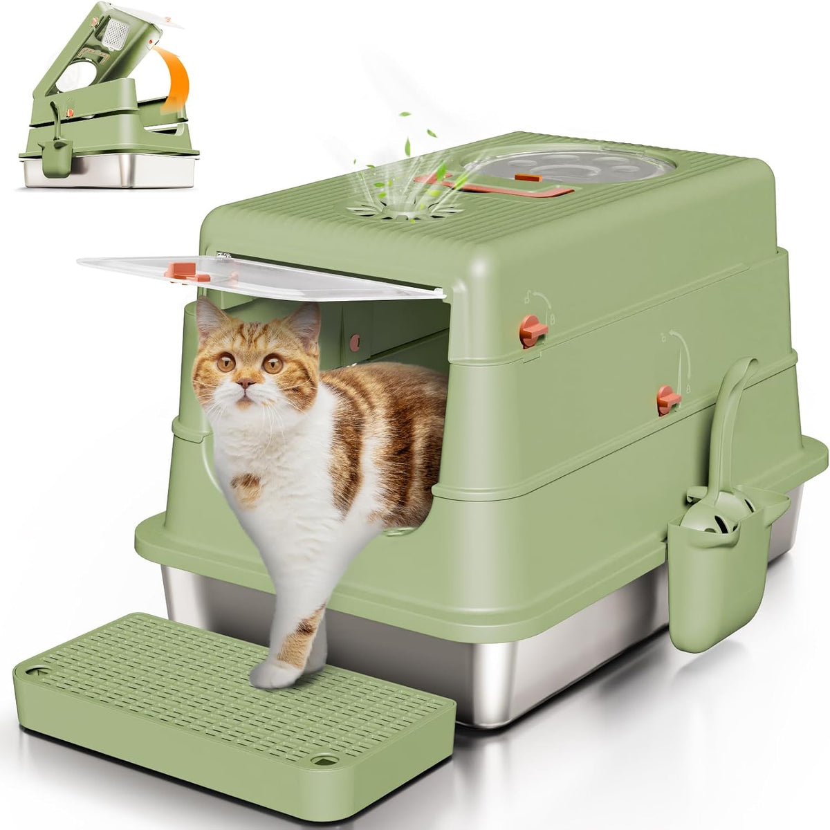 Stainless Steel Cat Litter Box with Lid, XL Large Enclosed, Green