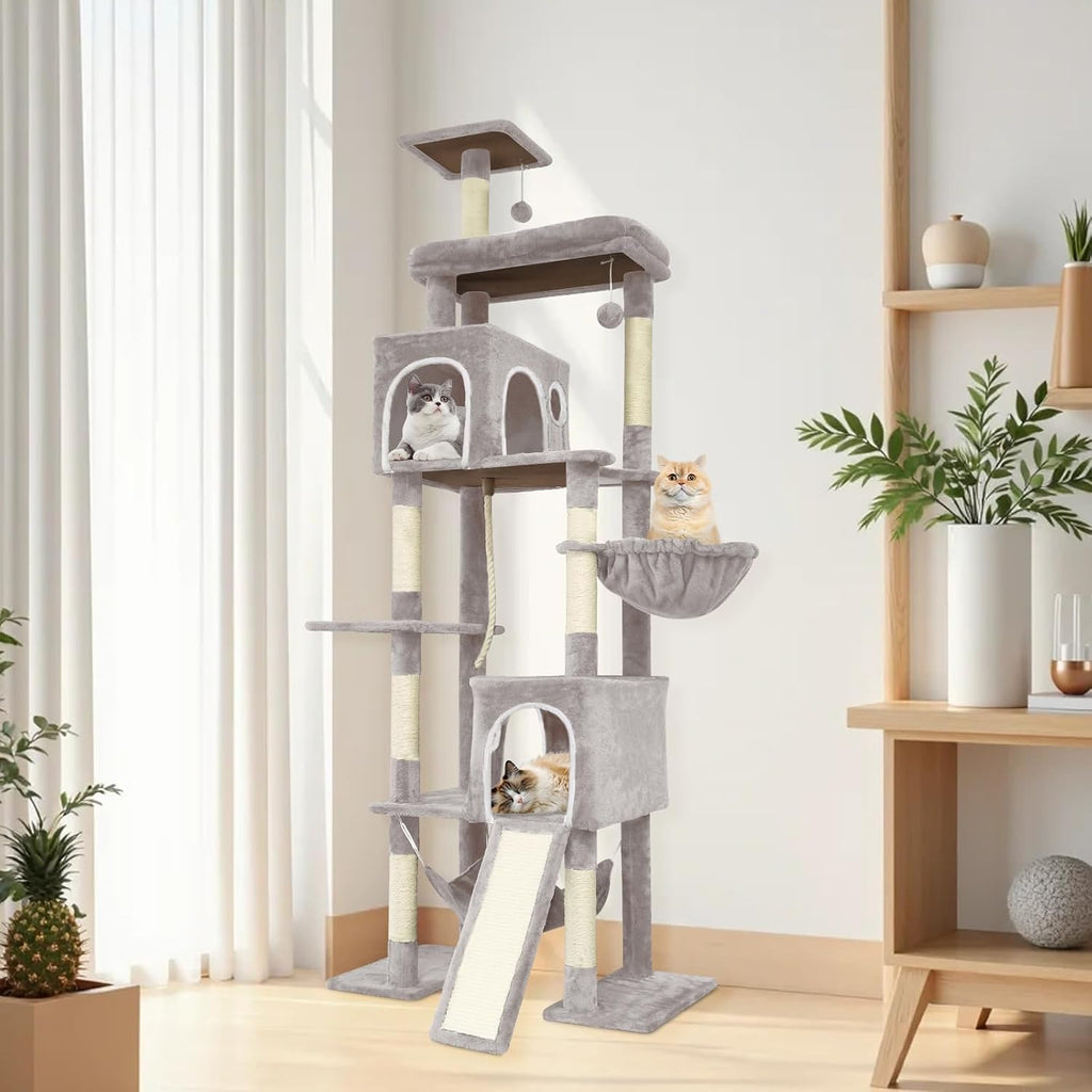 Large Multi-Level Cat Tree,80 Inches Tall with Sisal-Covered Scratching Posts, Condo, Hammock, Dangling Ball, and Extended Platform for Cats to Play and Sleep (Beige)