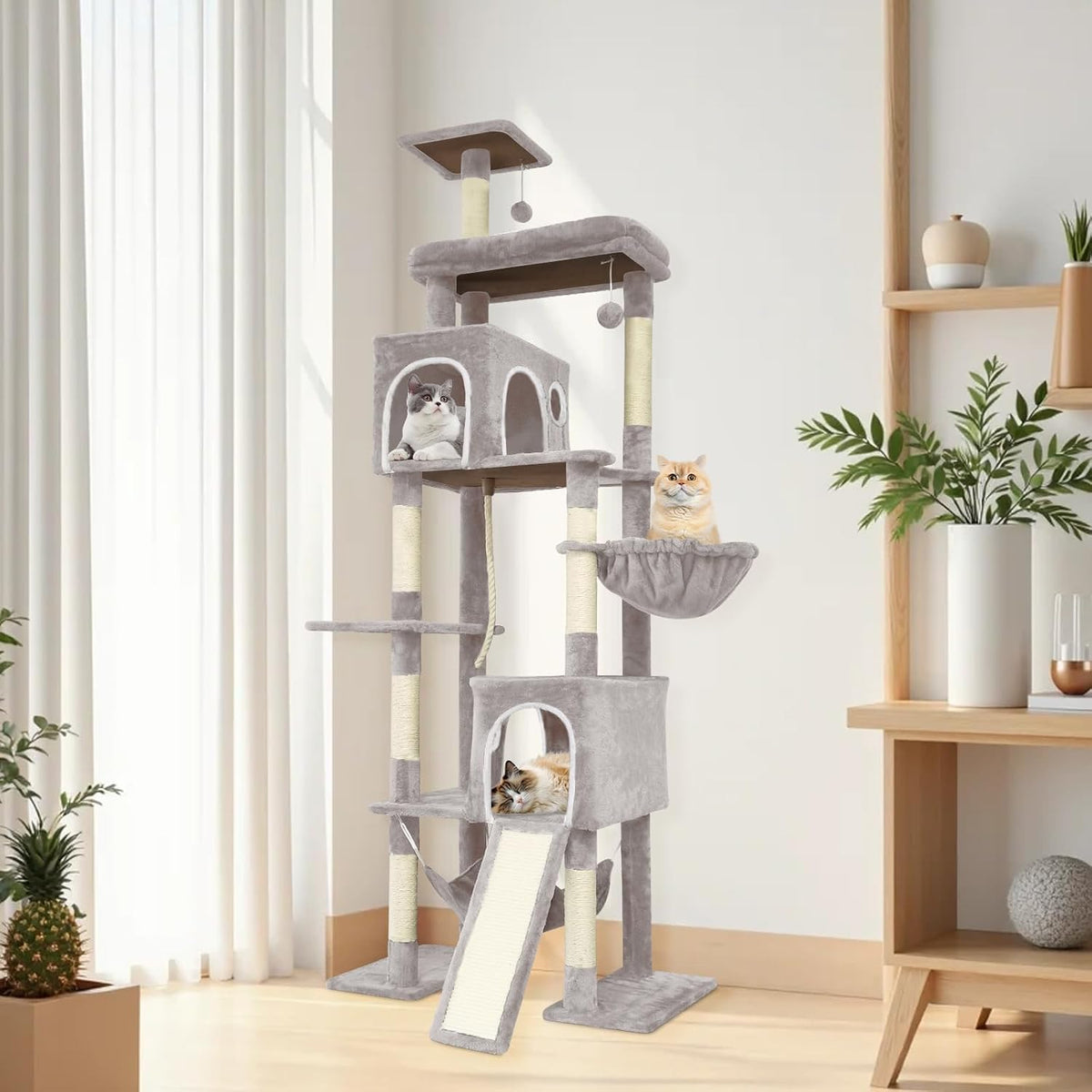 Large Multi-Level Cat Tree,80 Inches Tall with Sisal-Covered Scratching Posts, Condo, Hammock, Dangling Ball, and Extended Platform for Cats to Play and Sleep (Beige)