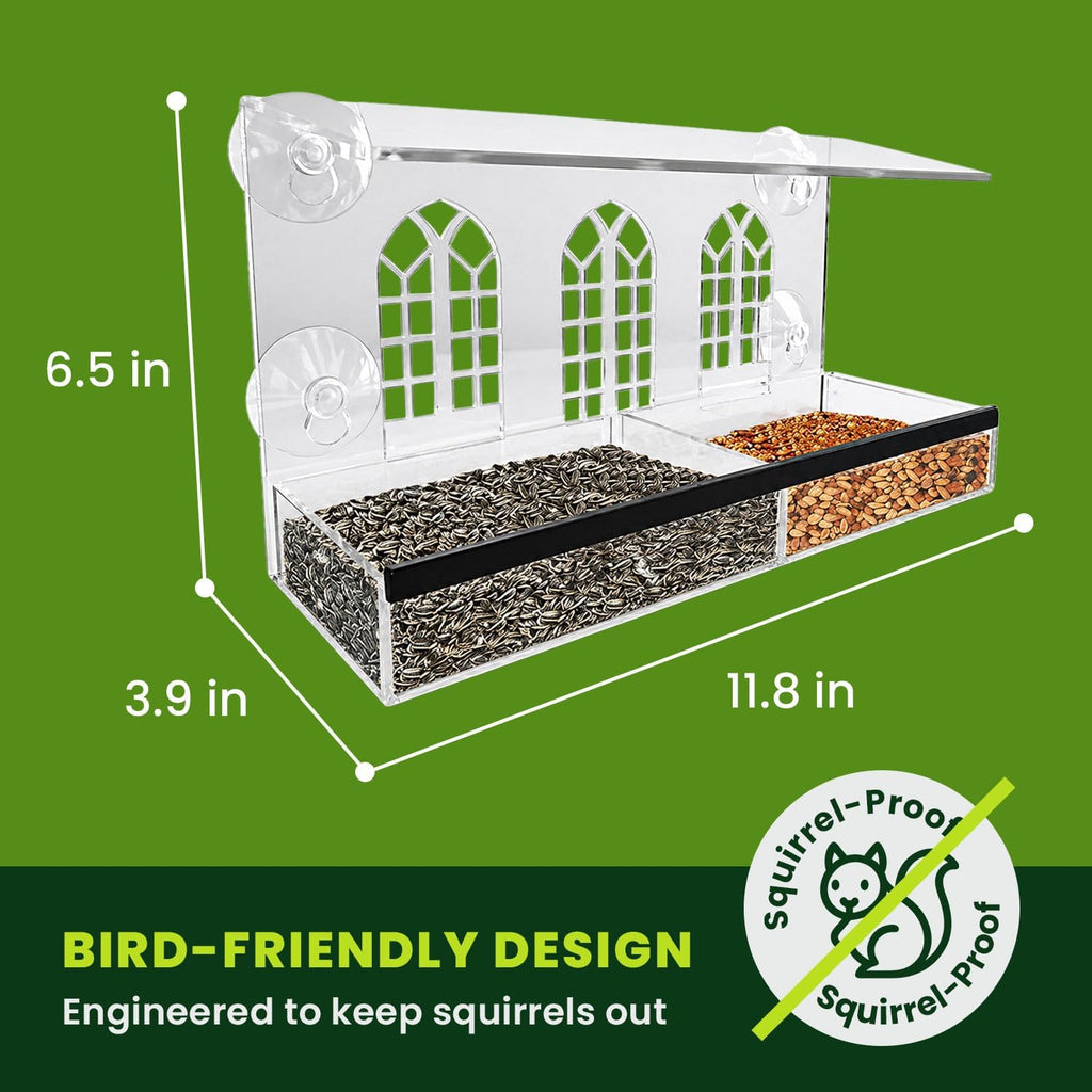 Nature Gear Acrylic Clear Window Bird Feeder with Strong Suction Cups, Removable Sliding Seed Tray, Weather-Resistant & Easy to Clean for Window Viewing, Bird Palace