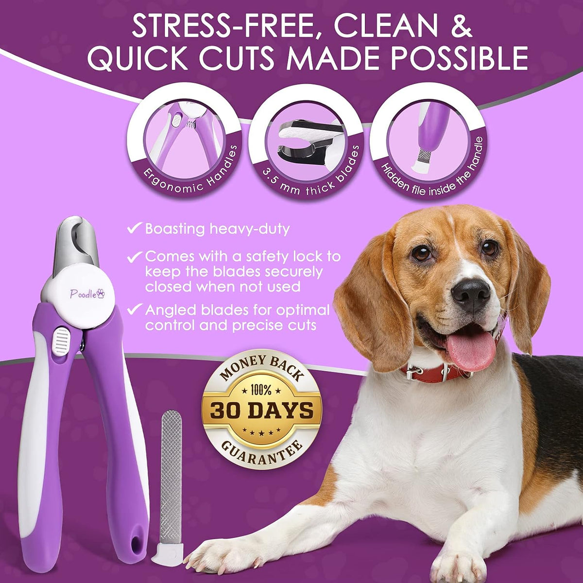 Professional Nail Clippers with Safety Guard for Dogs & Cats By Poodle Pet- Pet Grooming Clippers with Stainless Steel Blades for Smooth Cuts- Dog Nail Trimmers with Hidden File for Large Dogs