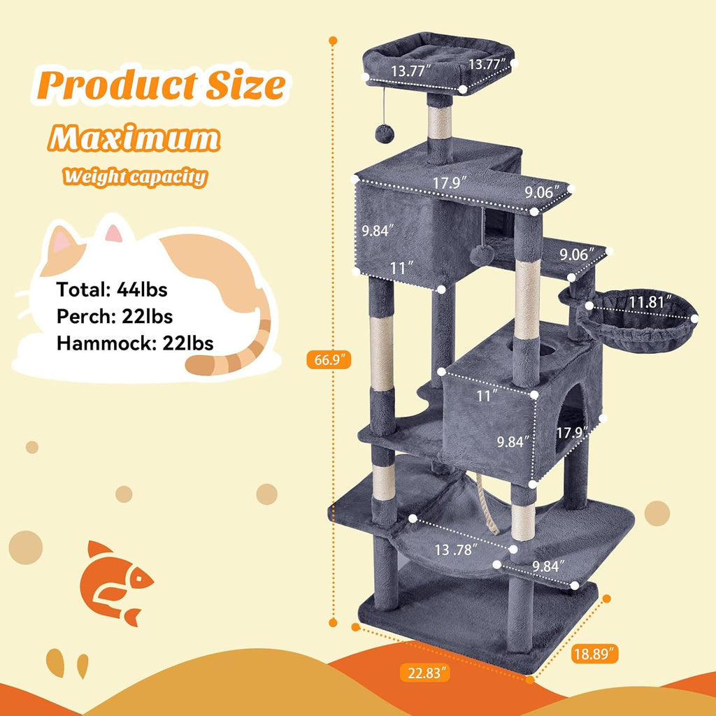 DUMOS Large 66 Inch Cat Tree Tower with Scratching Posts, Indoor Use