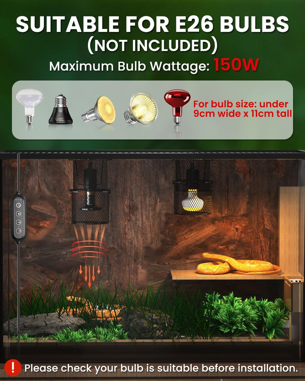 GlowUp Retractable Reptile Heat Lamp Lampshade Holder,150 Watt Ceramic Heat Emitter Guard with Anti-hot Bracket,ON/Off Switch for Chick,Lizard,Snake,Turtle,Plant (Bulb Not Included)