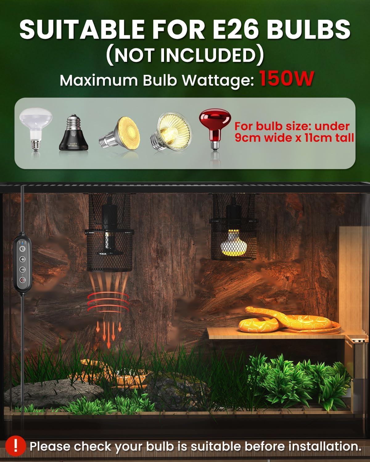 GlowUp Retractable Reptile Heat Lamp Lampshade Holder,150 Watt Ceramic Heat Emitter Guard with Anti-hot Bracket,ON/Off Switch for Chick,Lizard,Snake,Turtle,Plant (Bulb Not Included)