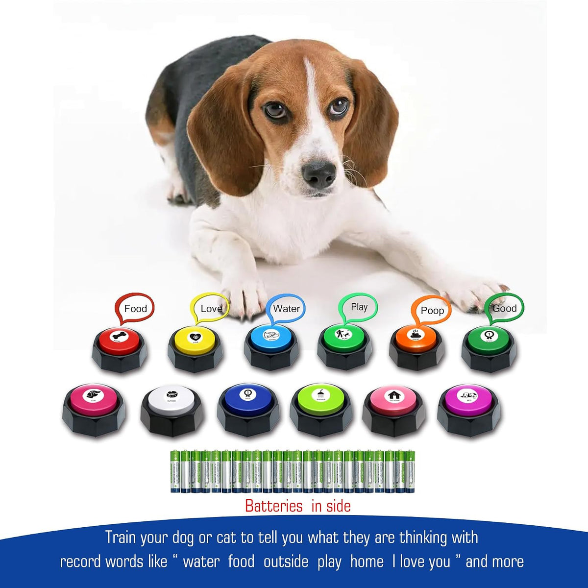 12 Color Pet Communication Buttons, Dog Buttons with 3-Mode Switch (Play/Off/Record), Talking Recordable Buttons, Includes 45 Training Stickers & Batteries for Effective Training