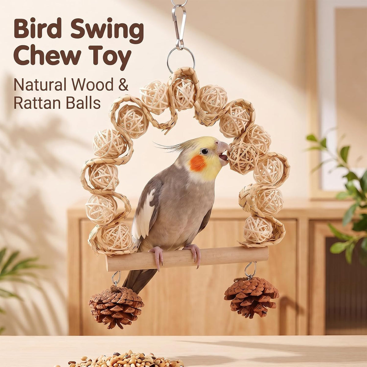 Bird Swing Chew Toy, Wooden Perch Cage Accessory for Budgie Cockatiel