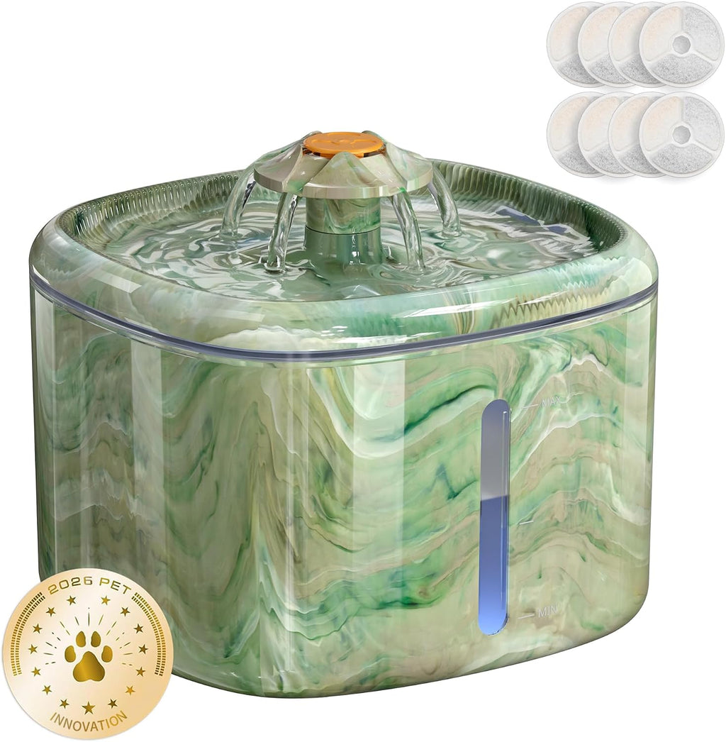 Cat Water Fountain Automatic 2.5L, Interactive Spinning Top & Camouflage Design, Ultra-Quiet Pump with 4-Stage Filter, Pet Water Dispenser with 2 Filters for Multiple Pets (Green+8 Filters)