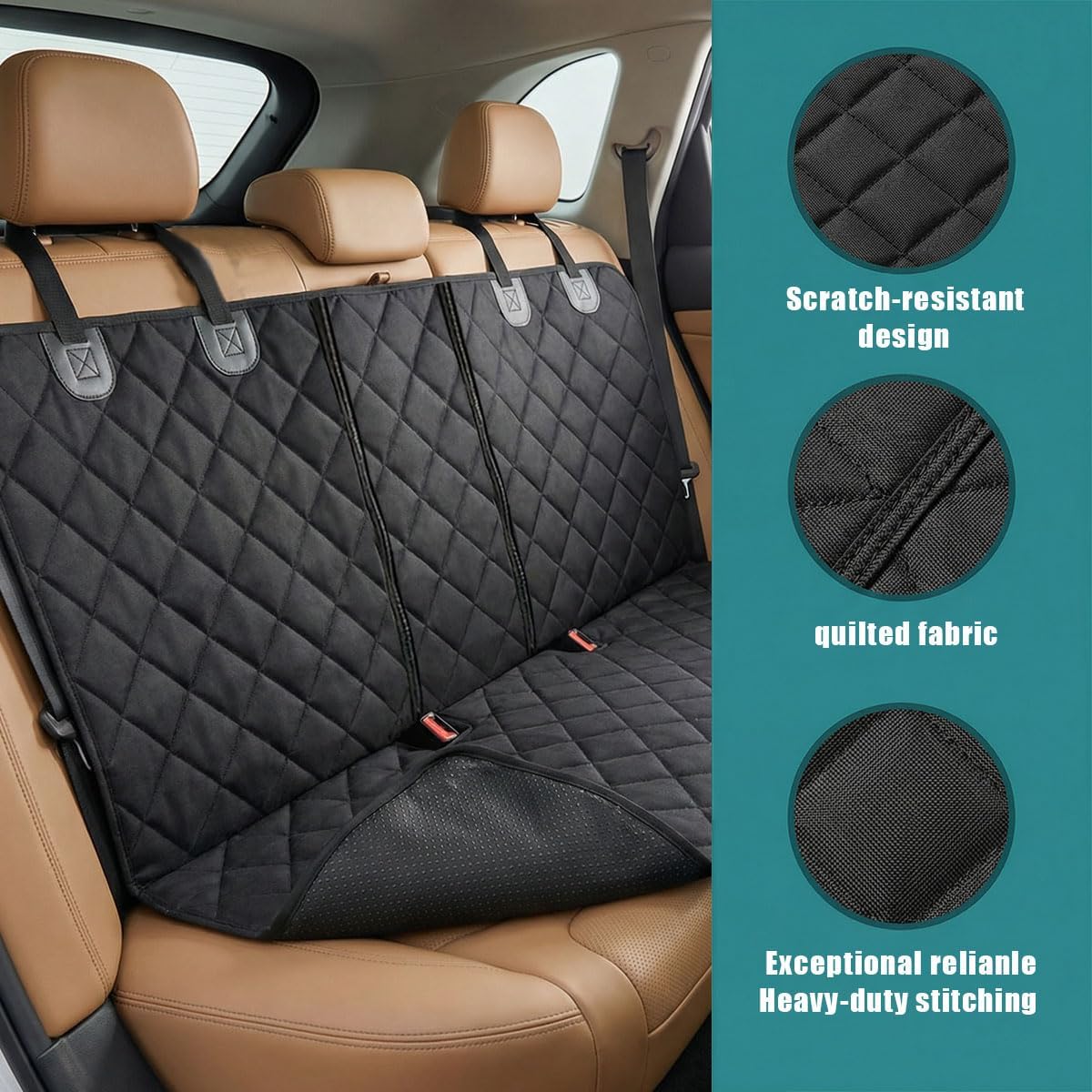 Dog Car Seat Cover with Belt, Scratchproof Washable Car Bench Seat Protector, Universal Non-Slip Vehicle Interior Pet Backseat Cover for Cars SUVs Trucks (Black)