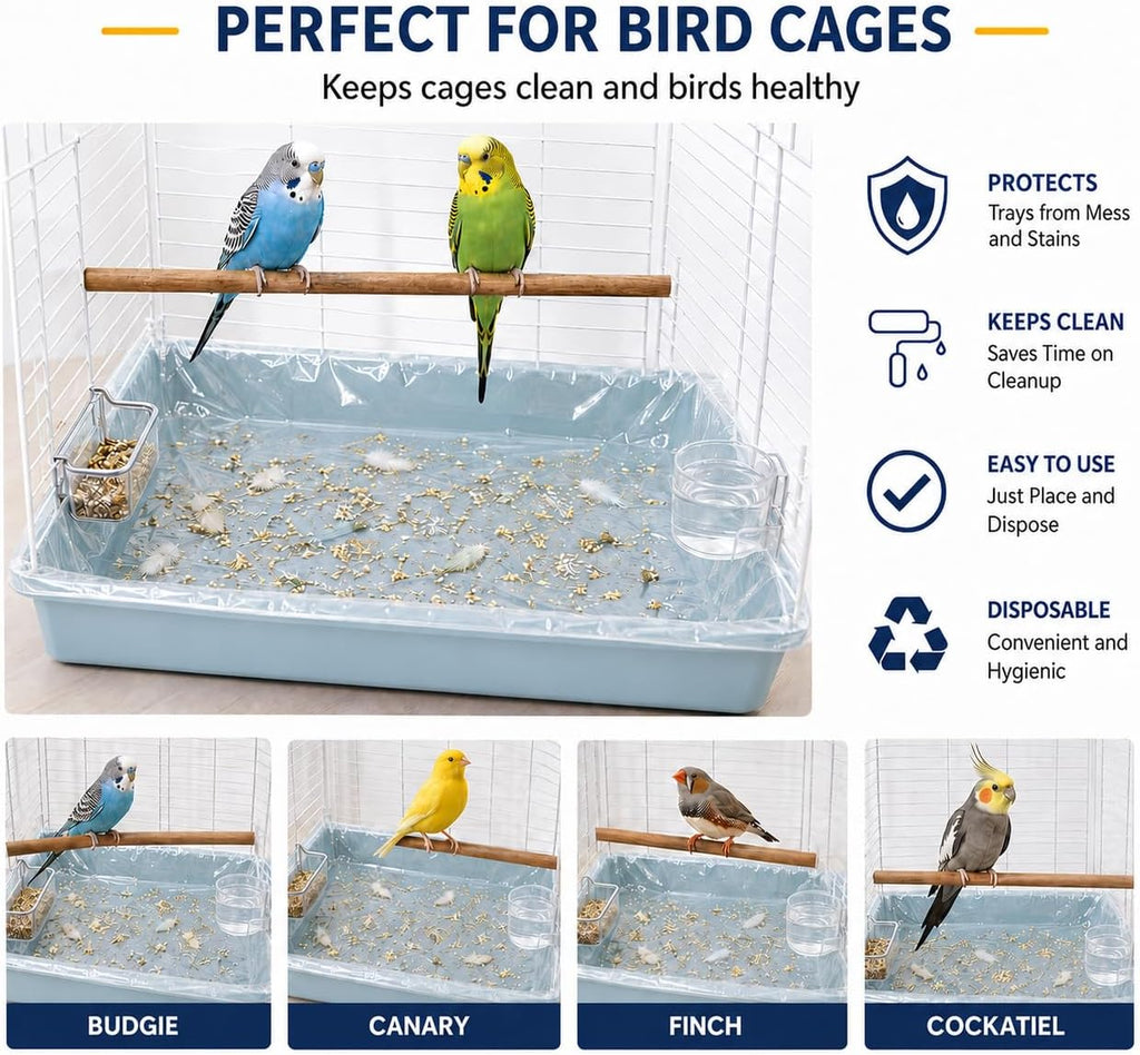50 Pack Disposable Bird Cage Liners, Clear Plastic Cage Tray Liner Bags, Elastic Edge Disposable Liners for Parrots, Canaries, Cockatiels and Small Animals, 24 x 16 Inches