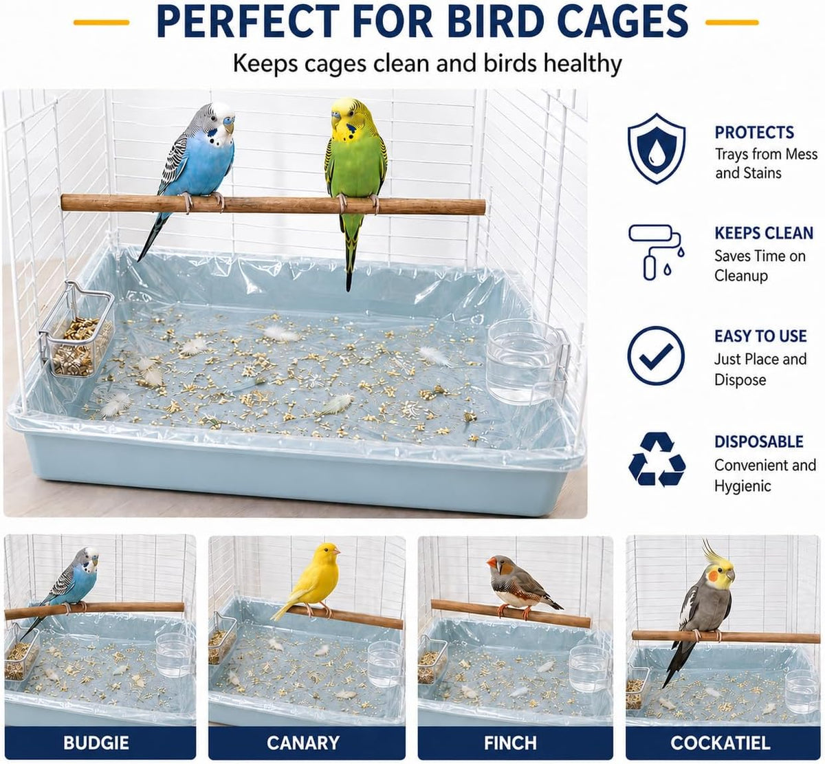 50 Pack Disposable Bird Cage Liners, Clear Plastic Cage Tray Liner Bags, Elastic Edge Disposable Liners for Parrots, Canaries, Cockatiels and Small Animals, 24 x 16 Inches