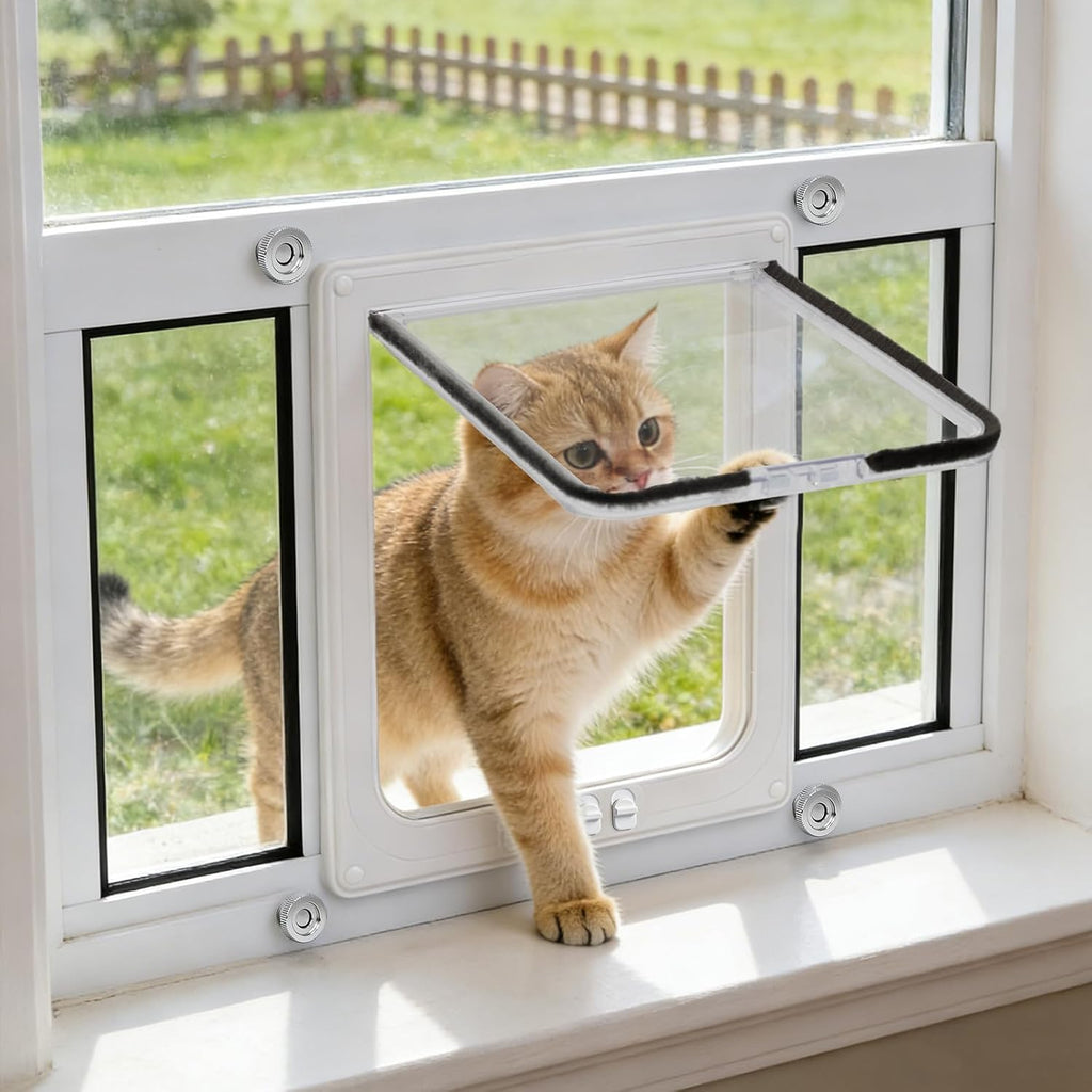 Cat Door for Window, Adjustable 31"-36", 4 Locking Modes + Extra Security Lock for Outside Safety, Window Pet Door with Magnetic Self-Closing, No-Drill Installation, Weatherproof Aluminum Frame Insert