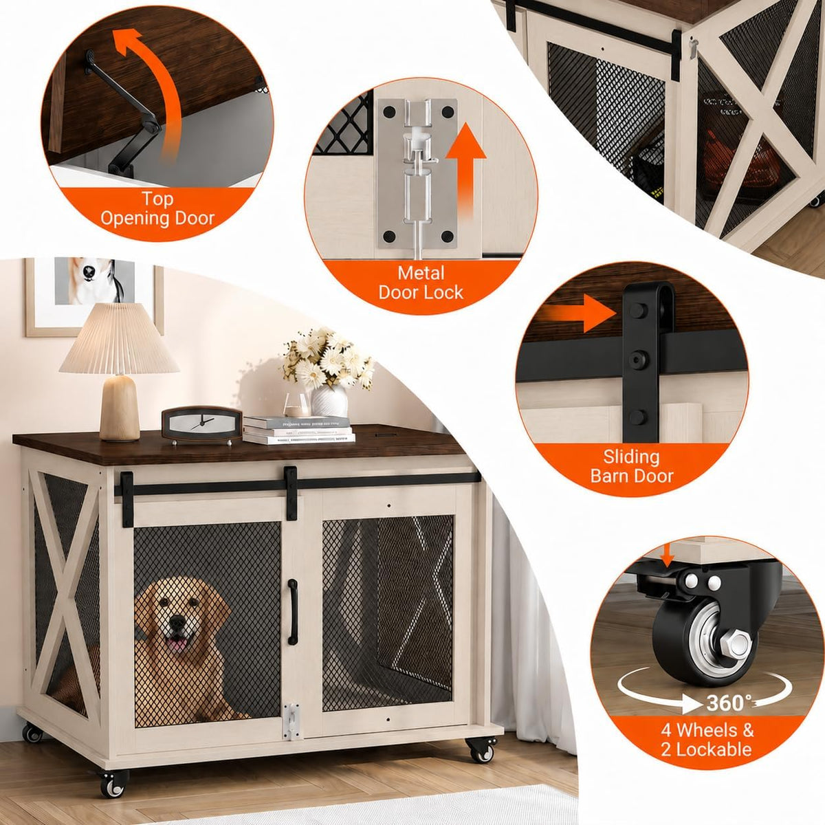 GarveeLife 37" Dog Crate Furniture, Side End Table, Farmhouse Dog Crate