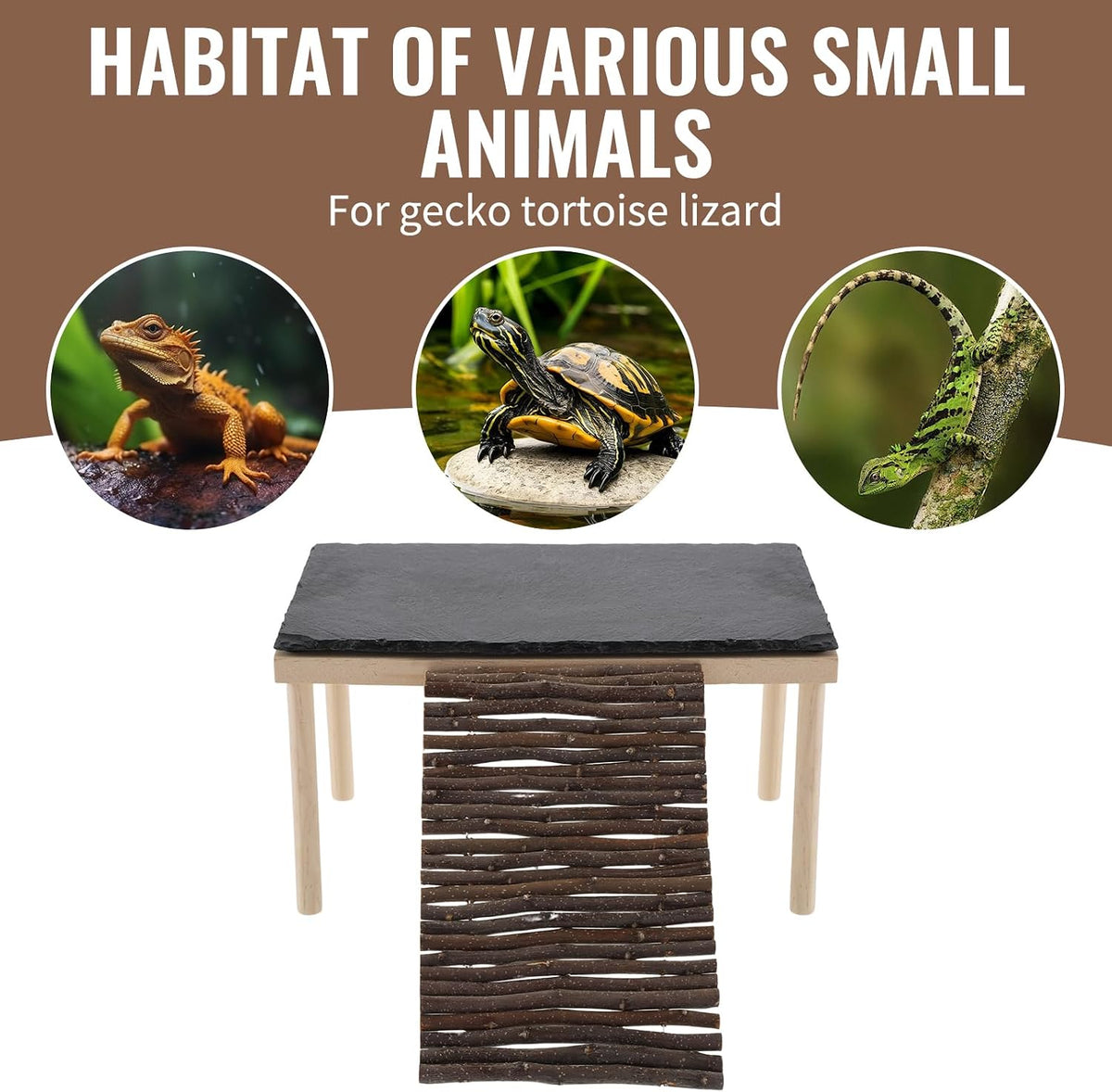 Basking Rock Platform with Climbing Ramp Slate Painted Glossy Black Platform Reptile Resting Area Bearded Dragon Hiding Burrow Reptile Tank Accessory for Tortoises Lizards Toads Geckos