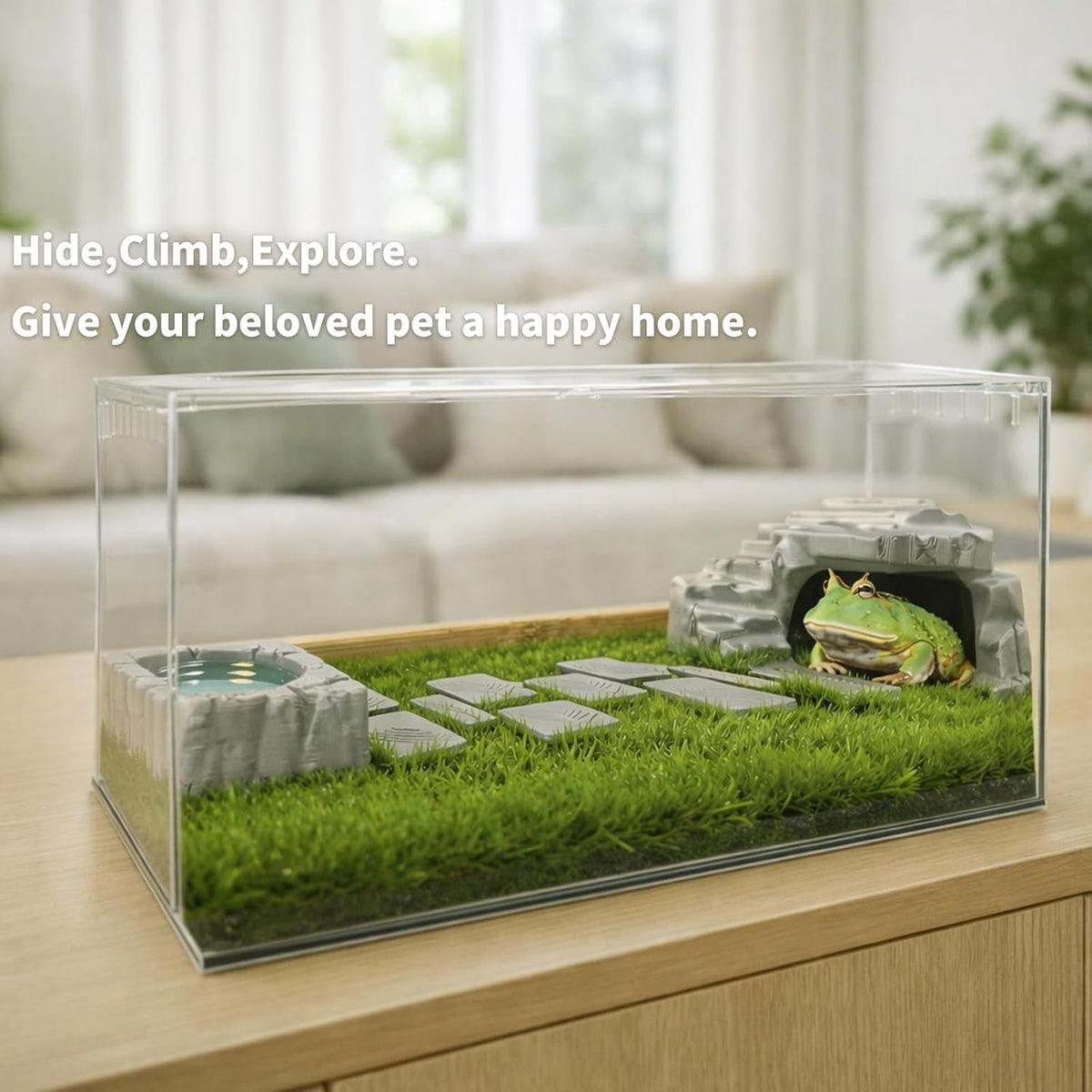 Frog Hideout, Toad Cave，with Water Bowl, Stepping Stones and Feeding Tweezers, for Horned Frogs, Turtles and Other Small Animals, Terrarium and Aquarium Decor.