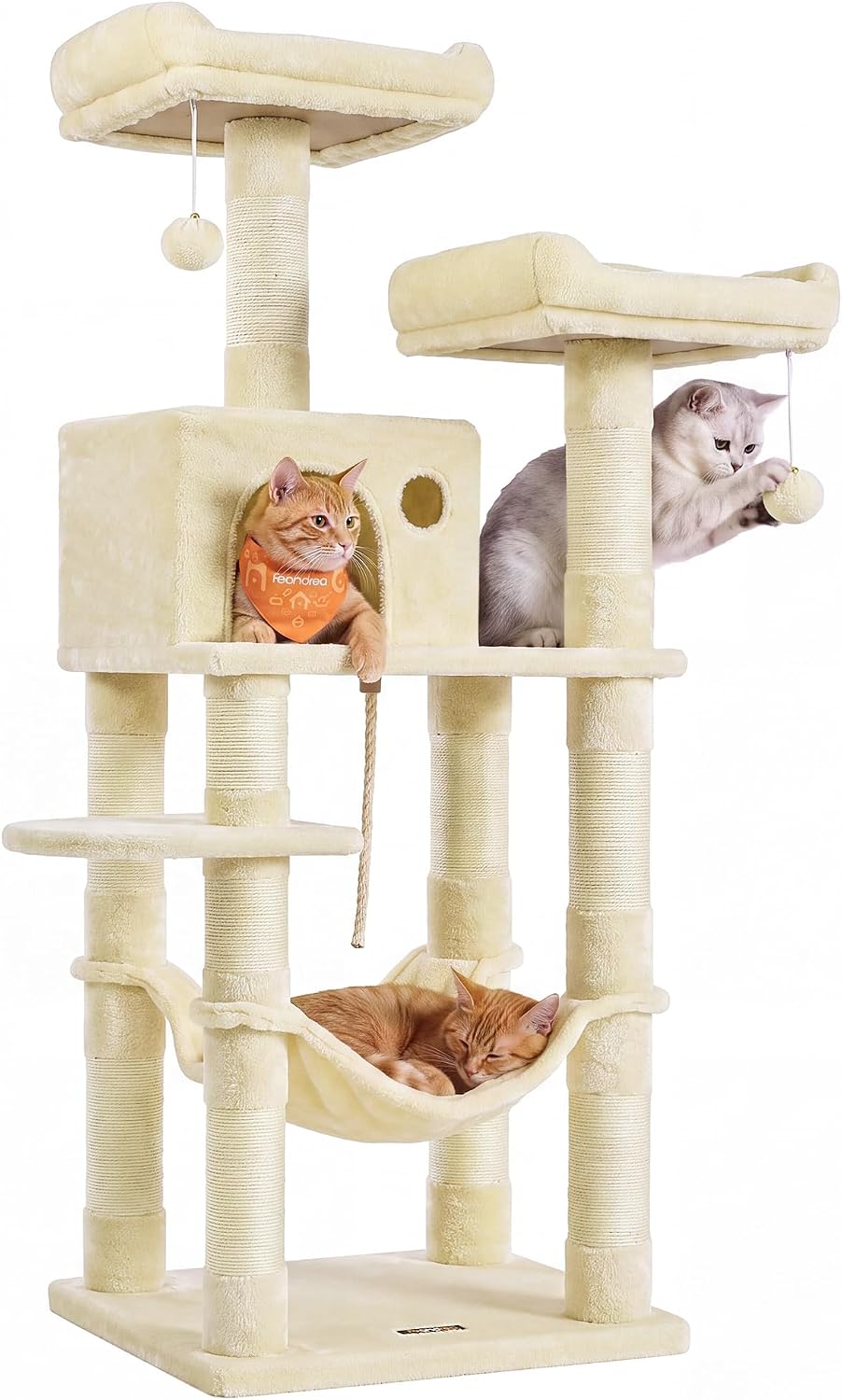 Feandrea Cat Tree, 55.8-Inch Large Cat Tower, Multi-Level Condo, Beige