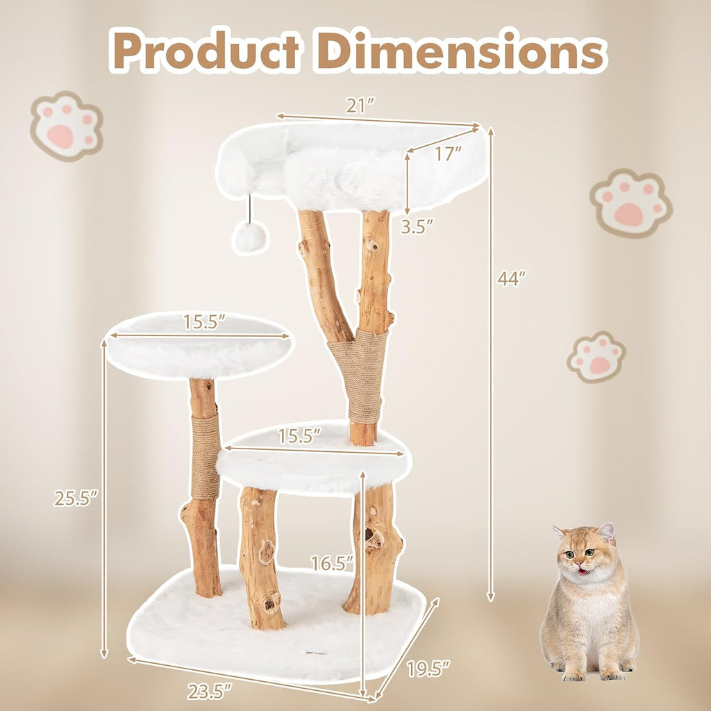 Tangkula Solid Wood Cat Tree, Modern Wooden Cat Tower with Perch, Jute Scratching Posts, Dangling Ball, Soft Long Plush, Luxury Cat Condo, Natural Branch Cute Cat Tree for Indoor Cats