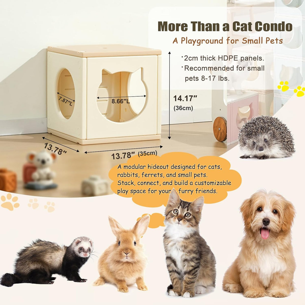 Stackable HDPE Cat Tree Tunnel Hideout, 2-in-1 Playhouse for Indoor Cats