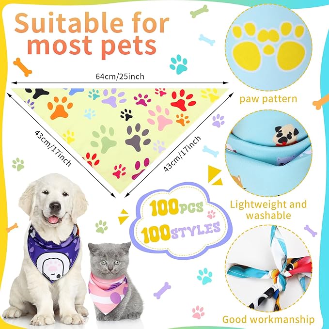 100 Pcs Paw Dog Bandanas Bulk Pet Bibs Colorful Triangle Scarf Paw Pattern Pet - Image 2