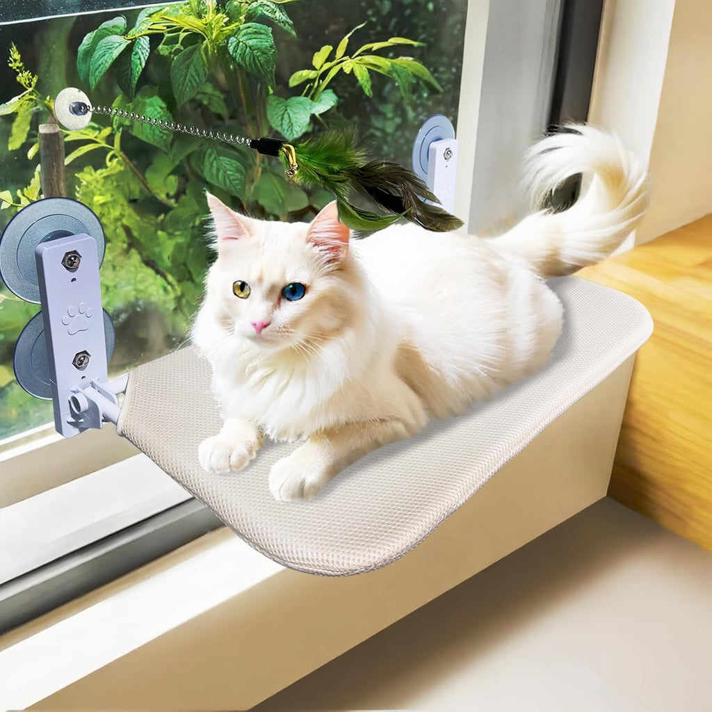 Cat Window Perch Seat Hammock, Foldable Hammock with 4 Strong Suction Cups, Easy to Assemble and Cat Wand,Cream