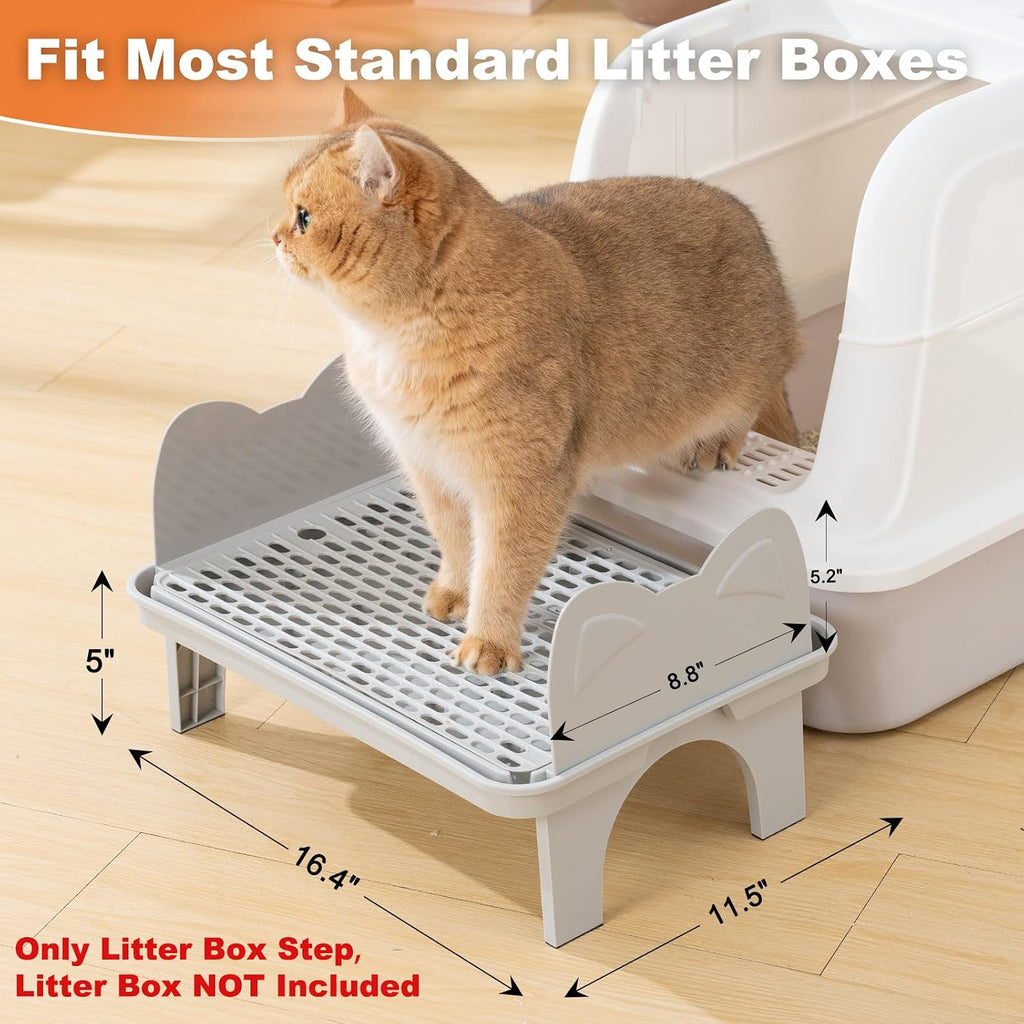 Uross Cat Litter Box Step, Extra Large Litter Box Ramp/Stairs with Detachable Splash-Proof Side Baffles, Anti-Tracking Litter Catcher, Easy to Clean, Non-Slip Step for Small & Elderly Cats (Grey)