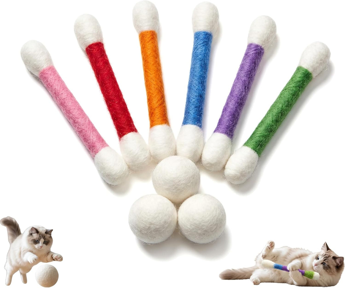 Catnip Cat Toys for Indoor Cats, 6 Jumbo Cotton Swab Kicker Sticks with 3 Natural Wool Balls, Quiet Chew Toy for Kittens