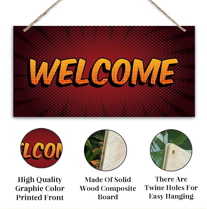 Welcome Sign for Front Door, Front Door Wooden Hanging Sign, Comic Style - Image 3