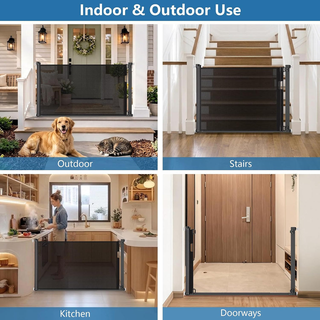 Malier Retractable Dog Gate, 29-42" No Drilling Pressure Mounted Mesh Dog Gate for Indoor, Extra Wide Metal Frame Pet Gate Walk Through Safety Black for Stairs, Doorways (Black, 29 x 42 Inch)