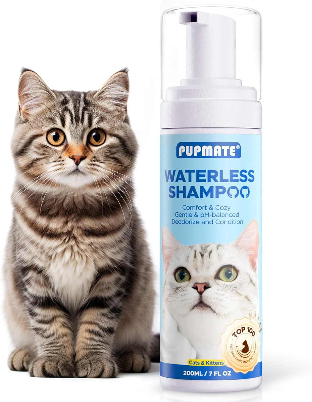 Cat Waterless Shampoo with Brush - No Rinse Formula for Quick Clean Between Baths, Hypoallergenic & Detangling, Reduce Itchy Skin Shedding & Odor Control,Vet-Recommended for Kittens/Senior Cats
