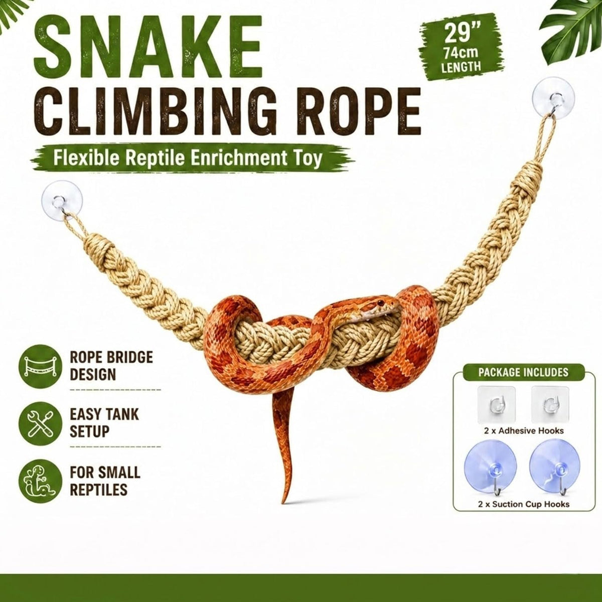 Ball Python Tank Accessories Snake Climbing Rope with Suction Cups & Hooks