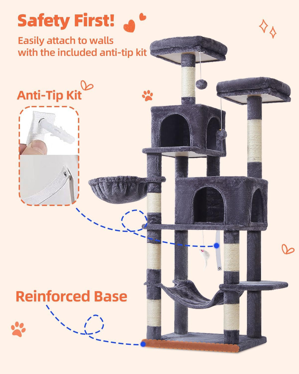 Taoqimiao Cat Tree, 67 in Tall Cat Tower with 2 Plush Cat Condos