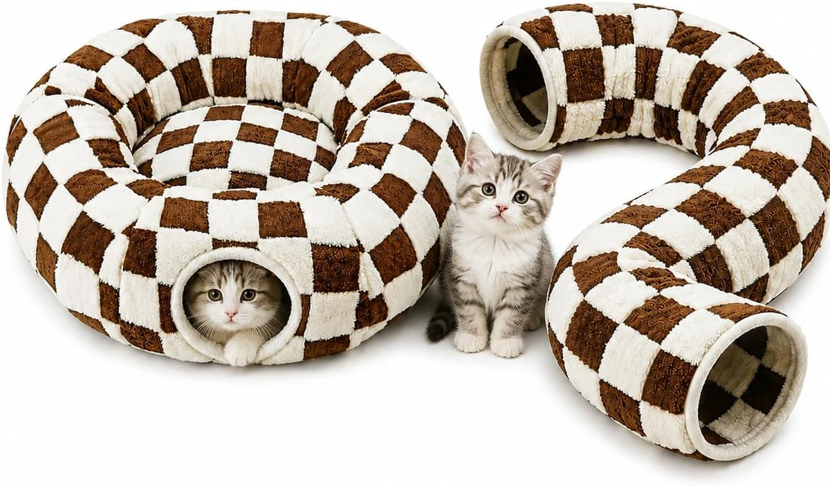Cat Tunnel Bed with Washable Cushion for Indoor Cat, Donut Cave Tube Toys for Kitten Puppy Rabbit, Purple