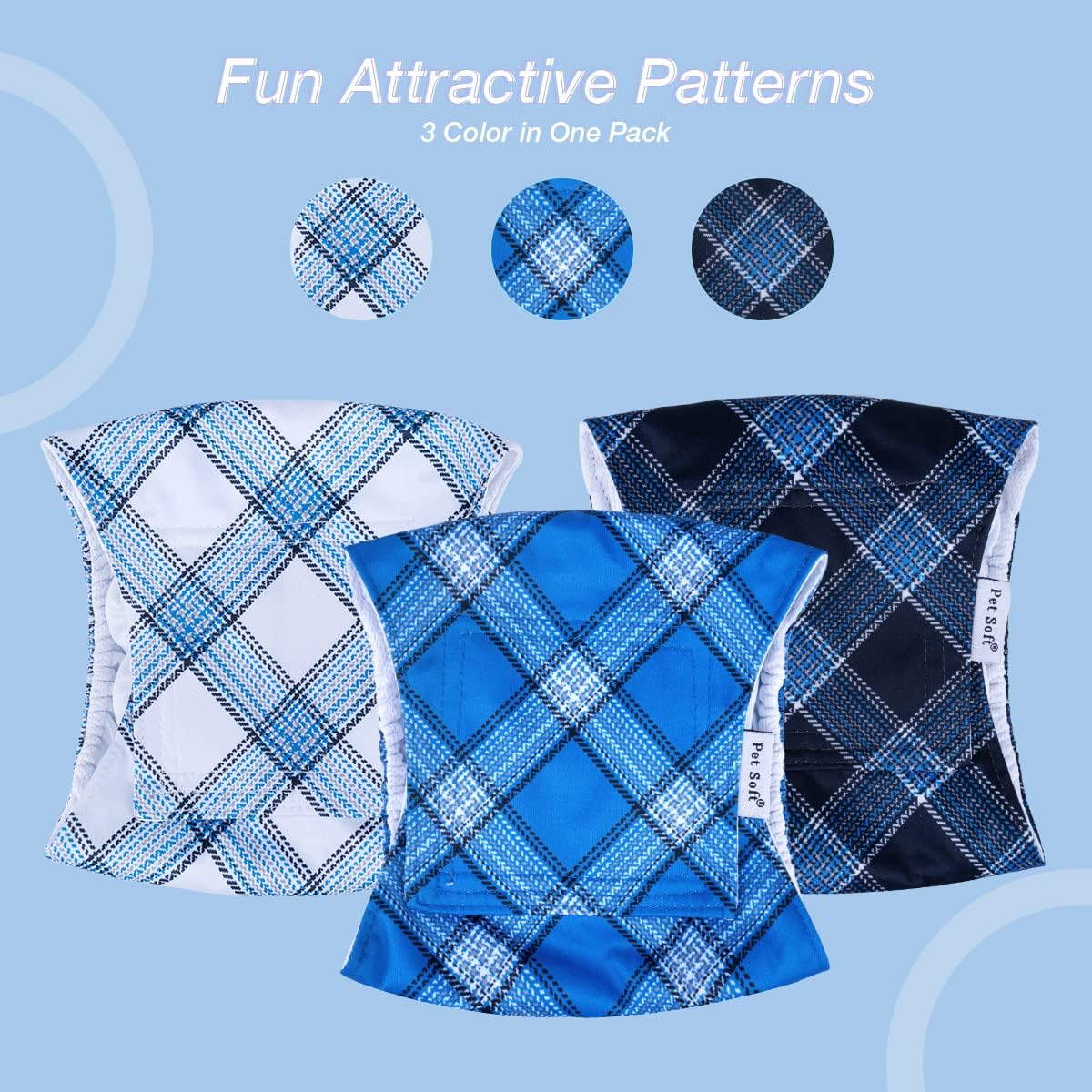 Pet Soft Dog Belly Bands - Washable Dog Diapers Belly Band for Male Dogs, Reusable Male Dogs Wraps 3pack for Doggy Puppy (Blue Plaid, M)