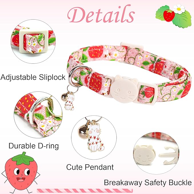 Cat Collar-2 Pack Cat Collars bee & Strawberry Cat Collar Breakaway - Image 2