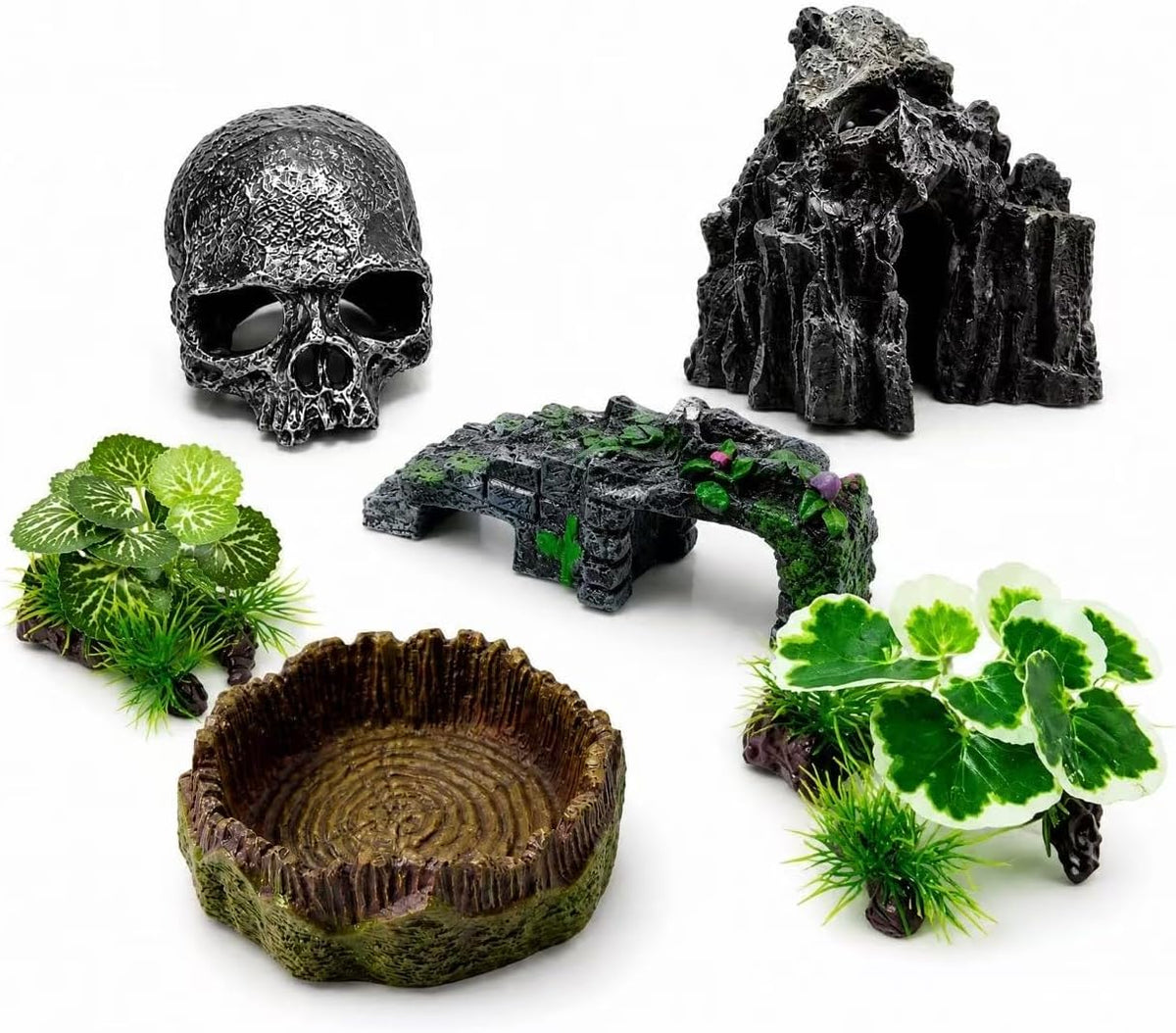 Reptile Hide Cave, 6 Pcs Terrarium Decor Set: Snake Hideout, Skull, Rock Shelter, Water Dish, Basking Bridge & Artificial Plants for Ball Python, Leopard Gecko, Bearded Dragon Tank Accessories